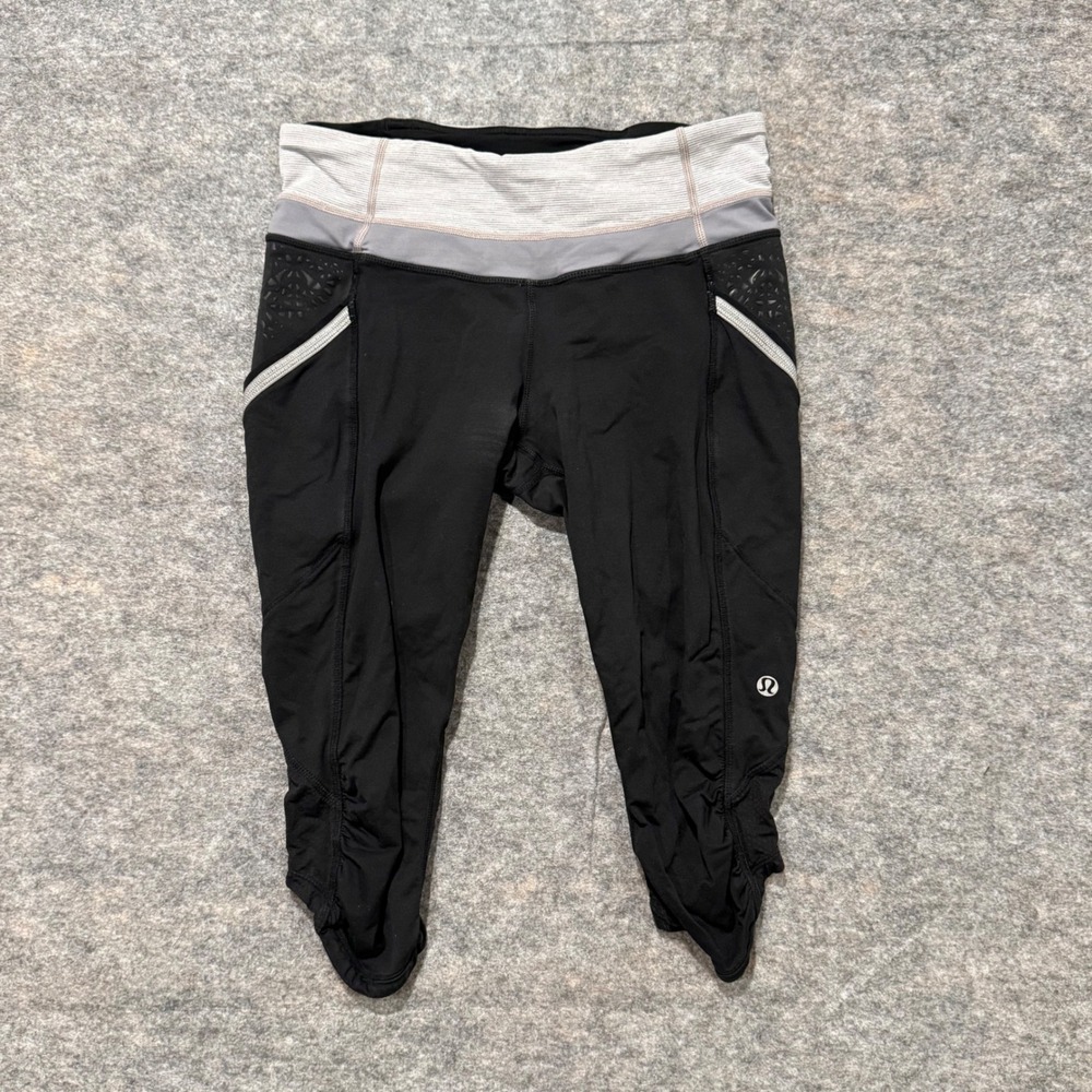 Lululemon Run Inspire Crop II Leggings Black Grey Ruched Size‎ 6 Pockets